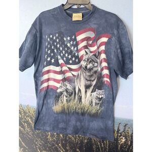The Mountain T-Shirt Wolves American Flag Blue Tie-Dye L USA Vintage
